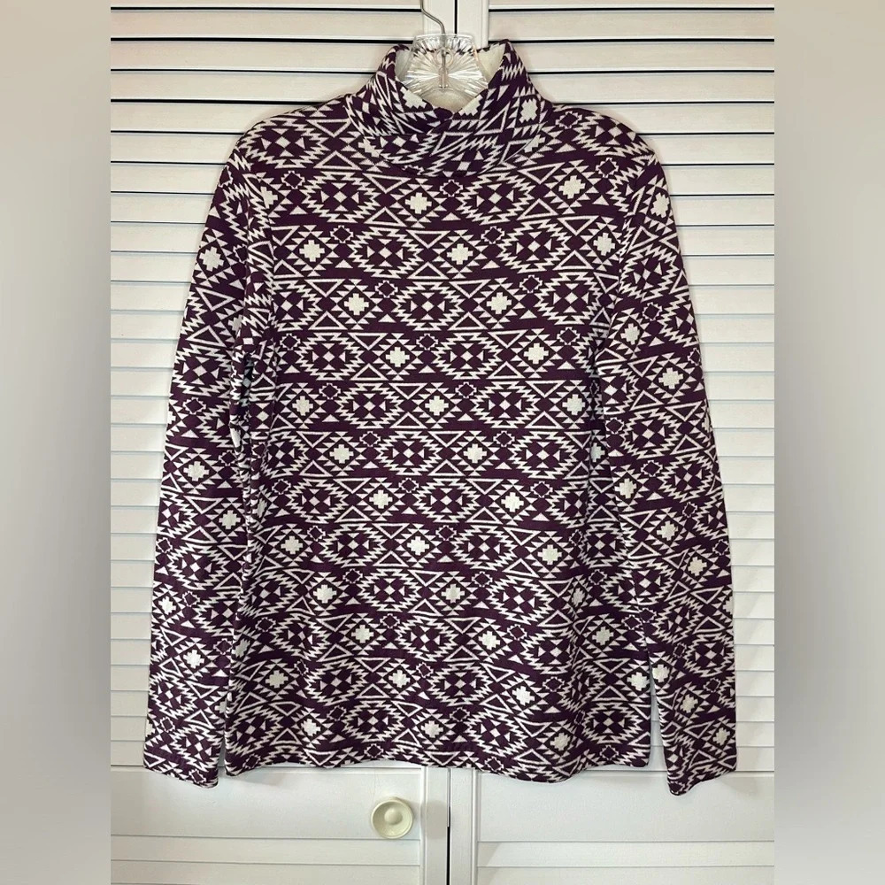 Duluth Women Mock Turtleneck Purple White Aztec Print Sweater S’no Sweat Medium